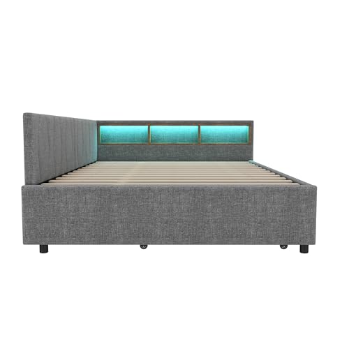 RIAZOS Polsterbett Schlafsofa 140x200, Doppelbett mit Ausziehbett, Daybett mit LED Staufach, Tagesbett mit USB Typ C Ladefunktion, Jugendbett Kinderbett Gästebett, Leinen, ohne Matratze, Grau