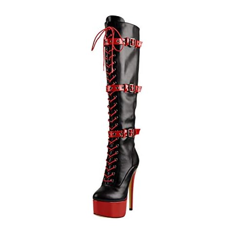 MissHeel Women's Closed Toe Knee High Boots Lace-up and Side Zippers Platform Stiletto High Heels Casual Dress Booties Black and Crimson Size 10 Cover