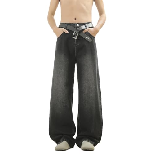 Men Street Trousers Neutral Solid Color Wide Leg Pant Button Streetwear Denim Pants Loose Washed Jeans