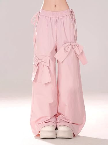 Baggy Cargo Pants with Pockets Women Drawstring High Waisted Cute Bow Y2K Casual Wide Leg Trousers Lounge Pants2