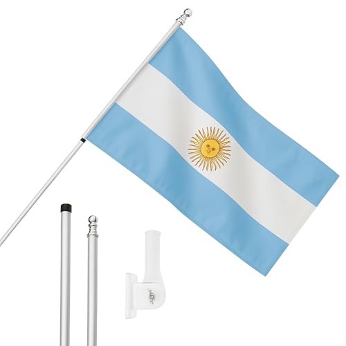 Drapeau argentin avec œillets et mât réglable argenté pour support mural stable
