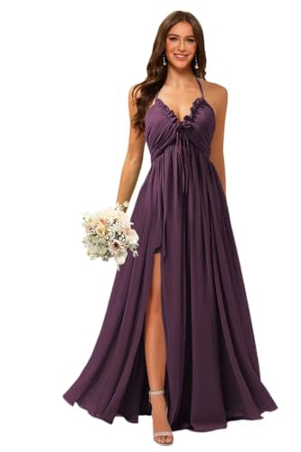 Stylefun Women's Halter Bridesmaid Dress with Bow Chiffon Ruched Formal Evening Gowns CYM320