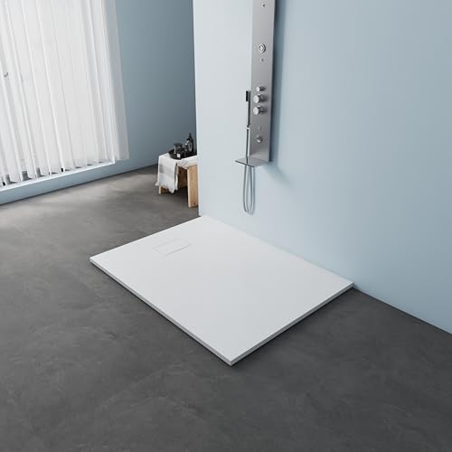 MEDUNJESS Duschwanne 120x90 cm SMC Flache Antirutsch Schieferoptik Duschtasse 26mm Zuschneidbare Brausewanne mit SMC Deckel Ø 90mm Ablauföffnung Weiß (ohne Siphon)
