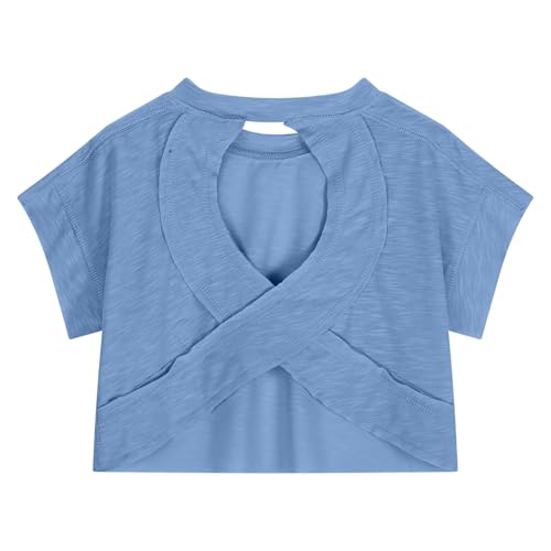 Girls Open Back Short Sleeve Workout T Shirts Loose Crewneck Trendy Casual Solid Soprts Tops Blouses4