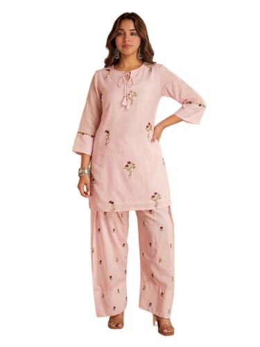 Image of ANNI Designer Farshi Salwar Suit for Women Viscose Embroidered | Co Ord Set for Woman | Straight Kurta Palazzo Outfit Round Neck V Slit 3 /4 Sleeve Ethnic Dress Womens Clothing