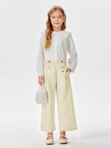 Image of Haloumoning Girls Wide Leg Pants Kids Fashion Elastic Waist Front Button Trousers with Pockets 5-14 Years