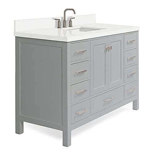 Dkb 55" Inch Bathroom Vanity In Grey With Pure White Quartz Countertop | Rectangle Sink | 2 Soft Closing Doors And 9 Full Extension Dovetail Drawers | No Mirror #TOP2