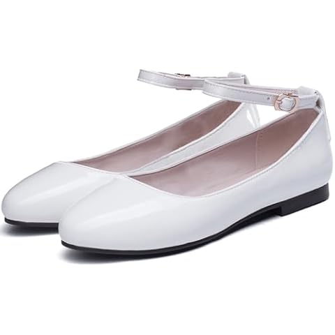 LUXMAX Womens Patent Leather Ballet Flats Ankle Strap Ballerina Shoes (White, Adult, Women, 13, Numeric, US Footwear Size System, Medium) Cover
