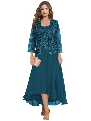 2 Pieces Mother of The Bride Dresses for Women Wedding Tea Length Chiffon Lace Jacket Formal Dress