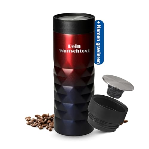 Thermobecher personalisiert 450 ml - auslaufsicherer Edelstahl to go Becher - hält mehrere Stunden heiß & kalt - Kaffeebecher to go mit Push-Deckel für Büro, Auto und Uni, Farbe:blau/rot