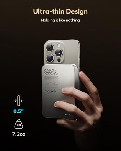 MOMAX Q.MAG Magnetic Power Bank, 0.5" Slim Slim Power Bank Fast Charging, 5000mAh for Magsafe Portable Charger for iPhone Air Battery Pack/17/Pro/Max/16/15/14/13/12 (No Lightning)
