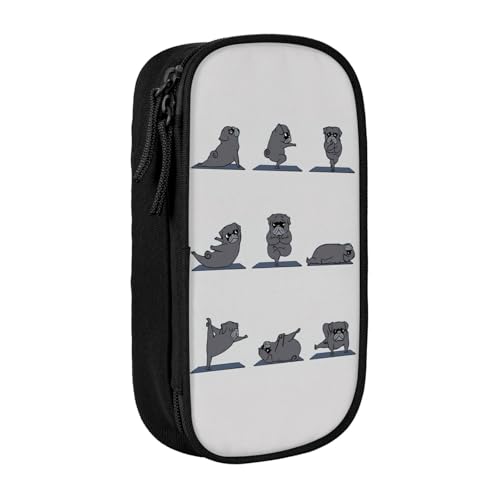 Black Pug Yoga ブラックパグヨガペンケース 筆箱 文具ケース おしゃれ 筆袋 鉛筆ケース 鉛筆のサック 中高校生 軽量 収納バッグ 学生 子供 誕生日 入学ギフト 大容量 ダブルレイヤーBlack