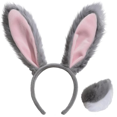 Seshfaha Bunny Ears Headband 3-Piece Bunny Rabbit Costume Set for Adults Grey Plush Ears Faux Fur Tail Easter Halloween Cosplay