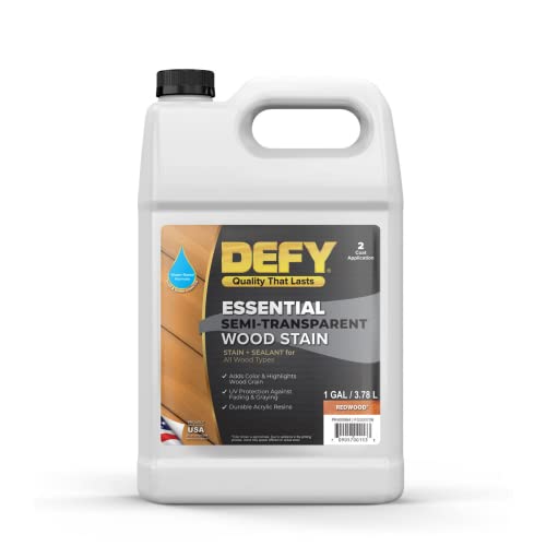 DEFY Essential Semi-Transparent Outdoor Wood Stain and Sealer in One, 1 Gallon, Redwood - Wood Sealer Outdoor Waterproof Deck Stain