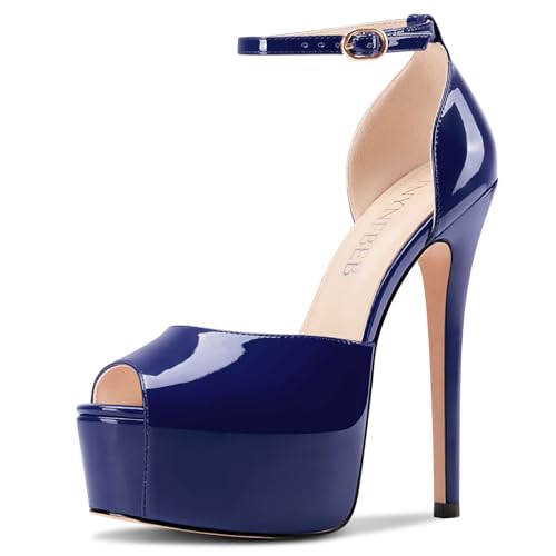 Image of TNYNFBEB Womens Stiletto High Platform Heel Peep Open Toe Sandals Ankle Strap Buckle Prom Party Dress Patent Leather 6.1 Inches Heels