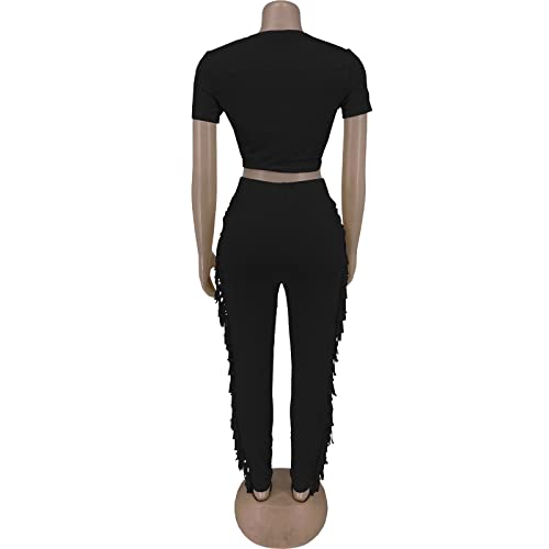 Summer Sexy Two Piece Sets For Women Short Sleeve V Neck Tank Top Long Fringe Tassel Pants Tracksuit Workout Yoga Club Party Going Out Black #TOP4