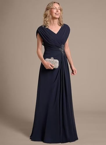Chiffon Mother of The Bride Dresses for Wedding Long Ruched Cap Sleeve V Neck Formal Mother of The Groom Dress DD0024