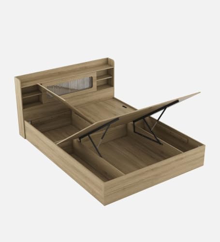 Image of Mintwud Pepperfry Engineered Wood Cavour King Size Bed with Hydraulic Storage and Open Shelves | Wooden Double Bed Cot Palang Furniture for Living Room Bedroom Home and Hotels (Santana Oak Finish)