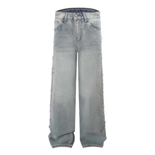 Men’s Niche Trendy Light Blue Loose Washed Jeans, Casual Heat-Melting Rhinestone Design Denim Pants2