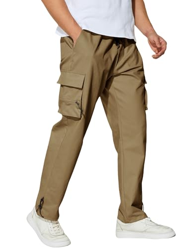 Men's Cargo Pants with Pockets Cotton Outdoor Elastic Waist Hiking Pants Casual Baggy Jogger Sweatpants