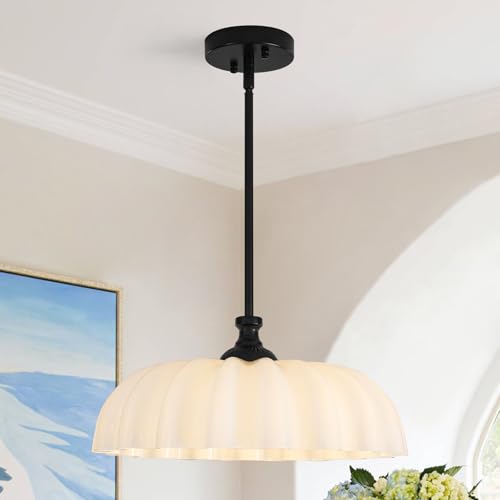 Image of 15.7 inch Vintage Modern Black Chandelier with Floral Milk White Glass Shades, Adjustable Height Pendant Light for Kitchen Island, Dining Room, Bedroom