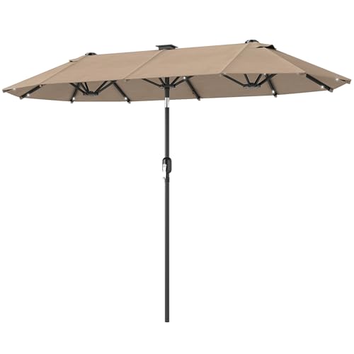 Outsunny Parasol double - 292 x 150 cm - Avec éclairage LED et manivelle - Fonction de pliage - Ovale - À manivelle - Pour balcon, terrasse, jardin - Kaki
