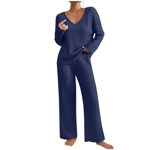 Schlafanzug Damen Loungewear Pyjama Set Zweiteiler Elegant Gerippt Homewear Herbst Outfit Lose Langarm V-Ausschnitt Oberteile Weitem Bein Hosen Sets...