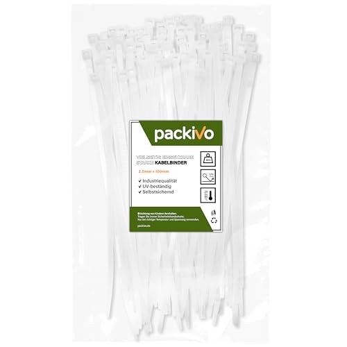 packivo Kabelbinder 2 5x150mm Weiss reißfest und langlebig mit 8kg Zugkraft aus Bruchsicheres Nylon für Kabelmanagement Haushalt & Werkstatt - 100 Stück