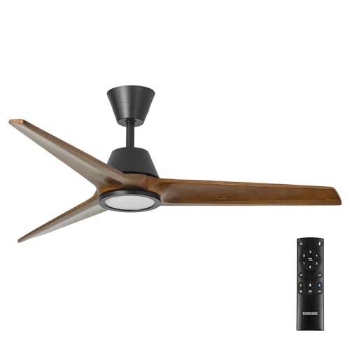 NORHES Lobb Ventilador Techo Negro/Madera Oscura. 3 Aspas Ø132cm. Luz Led 18W 3 Tonos. Motor DC. Verano/Invierno. 6 Velocidades. Control Remoto Temporizador. Bajo Consumo Silencioso. Brisa Natural