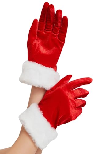 sodknow Santa Claus Gloves for Adults Red Christmas Costume Velvet Gloves with White Fur Cuff Mrs Claus Holiday Party Cosplay Accessories for Women & Men (1 Pair)