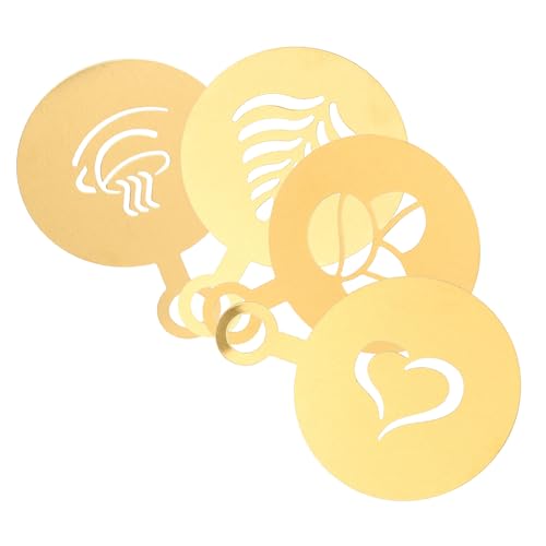 JOINPAYA Plantillas de Café DIY de Acero Inoxidable Dorado, 4 Unidades para Arte Latte y Decoración Cedazo de Azúcar en Polvo, Accesorios Reutilizables para Café, Postres y Repostería