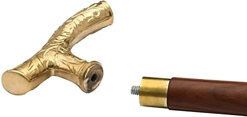 Riyex Walking Stick - Men Derby Canes and Wooden Walking Stick for Men and Women - 37" Brown Ebony Brass T Shape Handle in Golden Tone Natural Wood Unisex Cane