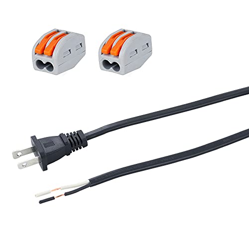 AC Power Cord Pigtail 2 Prong 18AWG, Replacement Power Cord Cable 120V AC Wall Plug, 3ft Polarized Cord Cable Black, Open End Power Cable 10A, Flat Wire Cord 1200W at 120VAC