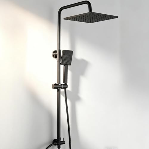 DERW Adjustable Shower Riser Rail Kit with 10 Square Rainfall Shower Head Handheld Shower with Rotating Bracket Shower Set Without Mixer Anti-Leak Hose Easy Install Suitable for Bathrooms(Black)