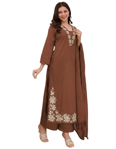 Image of ANNI Designer Pure Cotton Embroidered Kurta Set for Women | Rust Orange Kurta with Pants & Dupatta | Floral Neck & Hem Embroidery | Cotton Kurta Set for Women | 10 Colour Options Available