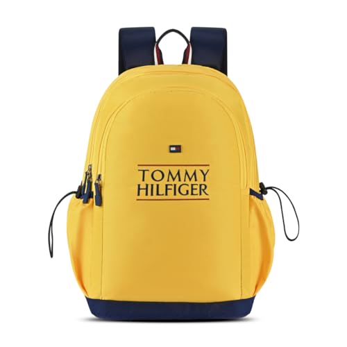 Image of Tommy Hilfiger Student School Bag & University Backpack Coral - Yellow+Navy | Durable Water-Resistant Polyester with Premium Embroidery | Multi-Utility Organiser & Rain Cover | 33L Capacity