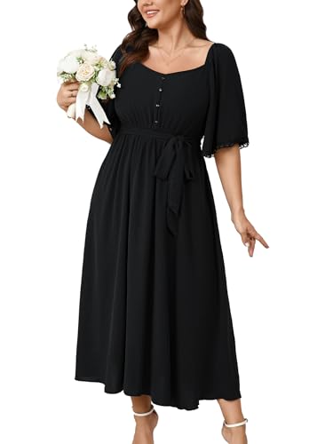 SCOMCHIC Women's Plus Size Formal Maxi Dress Summer Sweetheart Neckline 3/4 Sleeve A Line Flowy Wedding Guest Cocktail Dress Black