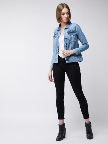Image of Miss Chase Women's Polo Neck Full Sleeves Patch Pocket Denim Overcoat Knee-Length Jacket