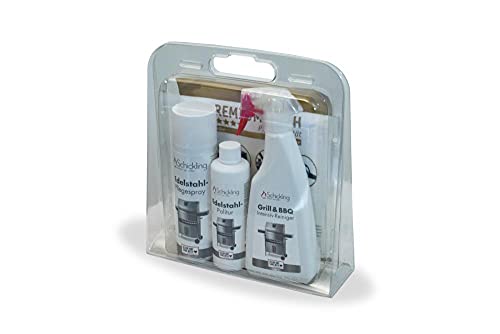Schickling 4-teiliges Reinigungs-Set | Profi Grill Reiniger im Set | Edelstahl Pflegespray | Edelstahl Politur | Intensiv Reiniger | Premium Pflegetuch