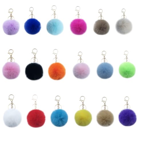 Xsclpomddy 18 Stück Pom Pom Schlüsselbund künstliche weiche Kaninchenhaar Taschenanhänger Ball Schlüsselanhänger für Handtasche Auto Anhänger Dekoration