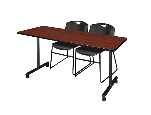 Image of Regency Kobe 66 x 24 in. Mobile T-Base Training Table- Cherry, 2 Zeng Stack Chairs- Black