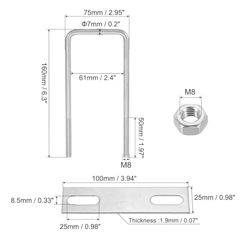 Image of PATIKIL M8x60x160mm Square U-Bolts Kit, 4Set 304 Stainless Steel Square U Shaped Bolts Replacement Parts with Frame Plates and Nuts for Ski Board Sailboat Trailer