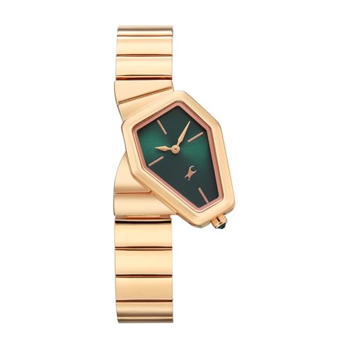 Image of Fastrack Wild Viper-Inspired Unique Shaped Green Dial IP Rose Gold Stainless Steel Strap Watch for Women - 6323WM01
