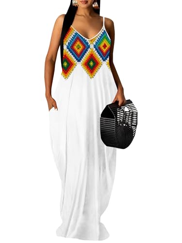 EQQZD Women's Spaghetti Strap Boho Maxi Dress Summer Casual Flowy Long Sun Dresses with Pockets Sleeveless Ankle Length Vacation Wear Plus Size