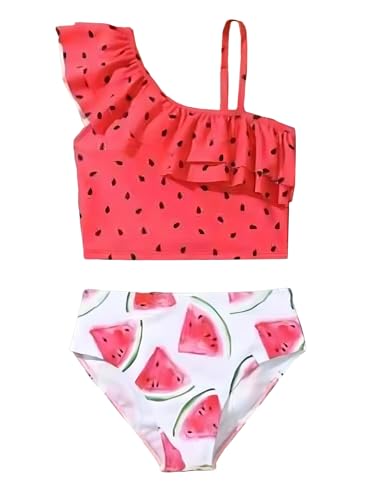 Image of Girl's 2 Piece Set Watermelon Print Ruffle Hem Bikini Sets Bathing Suit Red 140