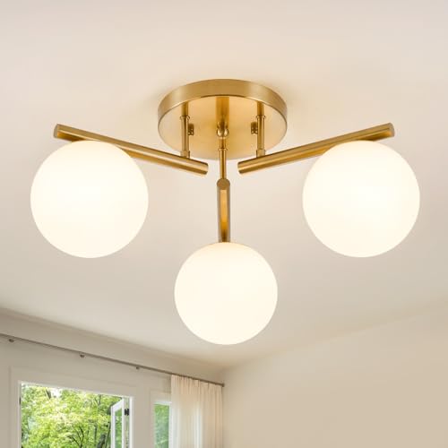 Image of 3 Light Brass Sputnik Ceiling Light Fixture, Globe Semi Flush Mount Ceiling Light, Brass Gold 21.65 '' Milky Glass Globe Mid Century Modern Light for Bedroom Hallway Living Room