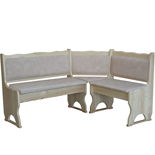 Banco de esquina sin tratar con tapicería de madera maciza – Piel ecológica beige II (140 x 200)