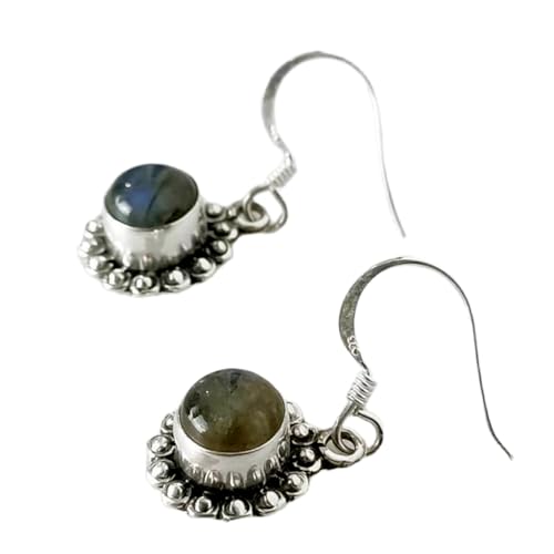 Boucles d'oreilles labradorite naturelle argent 925 suspendues ronde