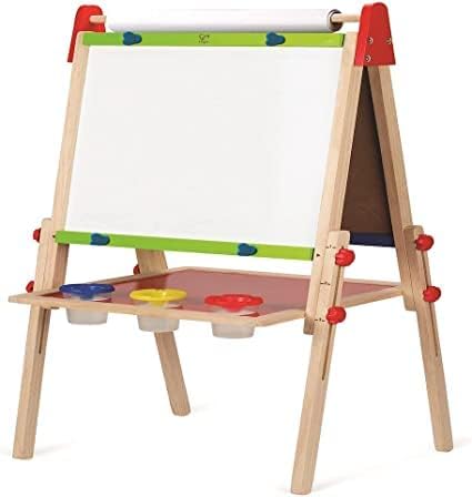 Hape All-in-1 Easel | Award-Winning Double-Sided Kids Standing Easel Adjustable Height Stand with Paper Roll, Chalkboard, Whiteboard, Magnets and 3 Paint Pots