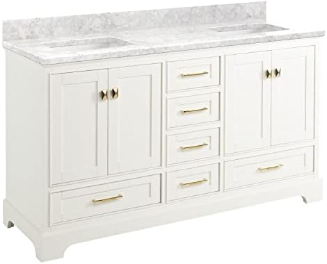 Signature Hardware 480746 Quen 60" Free Standing Double Vanity Set with Wood Cabinet, Vanity Top and Rectangular Undermount Vitreous China Sink - Soft White/Carrara Marble